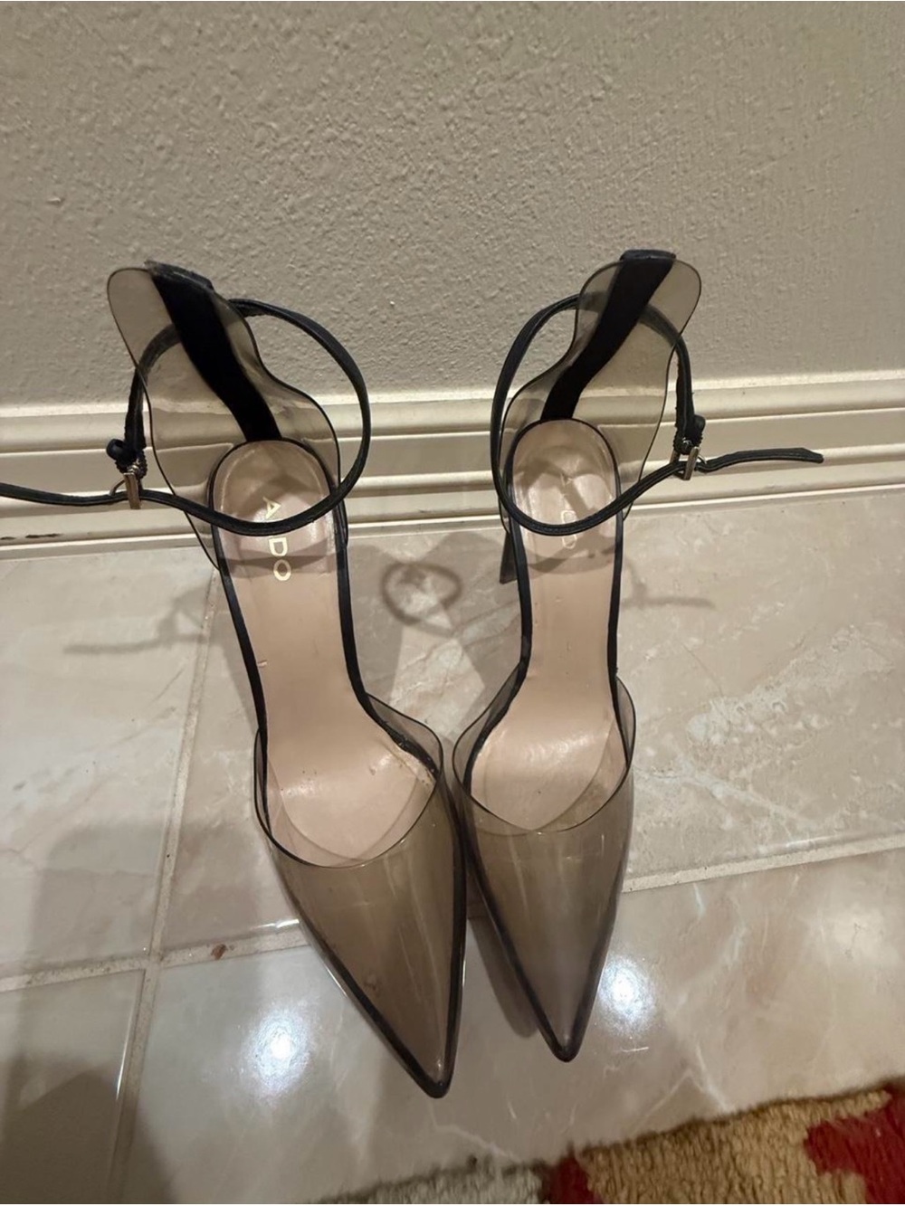 Aldo Clear Pointed-Toe Heels with Black Trim and Ankle Strap